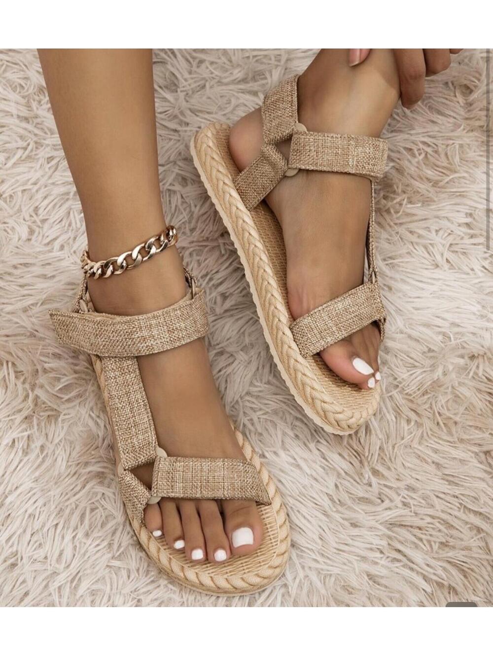 Women Triangle Decor Linen Ankle Strap Sandals, Open Toe Flat Sandals For